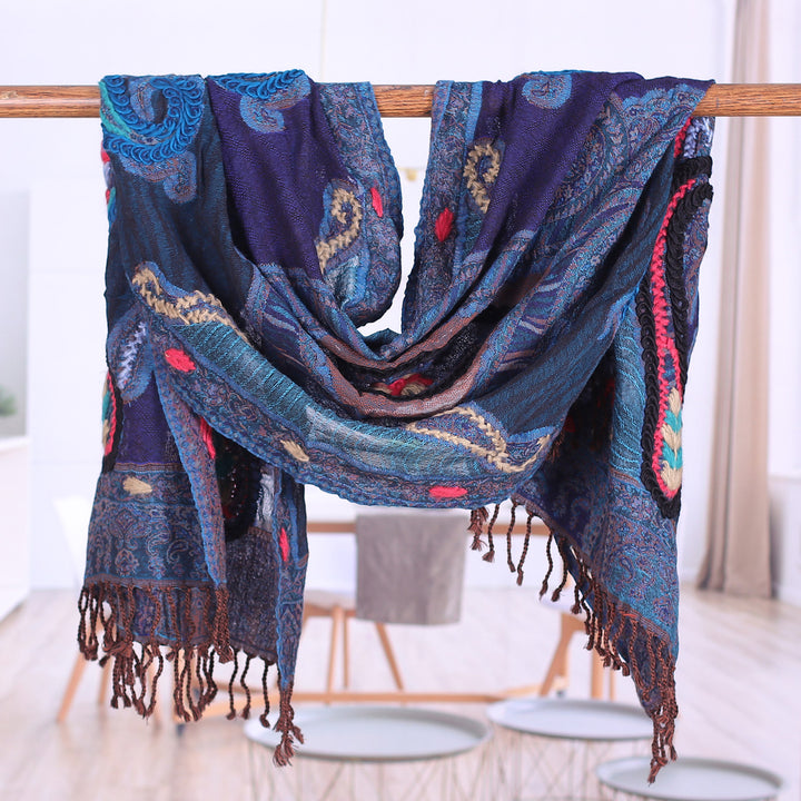 Hand-Embroidered Midnight Blue Wool Shawl - Paisley Dreams | NOVICA