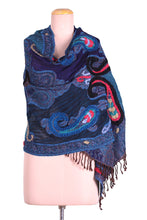 Load image into Gallery viewer, Hand-Embroidered Midnight Blue Wool Shawl - Paisley Dreams | NOVICA
