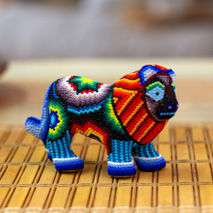Papier Mache and Huichol Glass Bead Lion From Guadalajara - Jalisco Lion | NOVICA