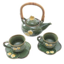 Load image into Gallery viewer, Ceramic Tea Set for Two with Bamboo Accent (5 Pcs) - Forest Frangipani | NOVICA
