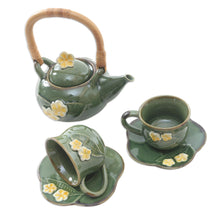 Load image into Gallery viewer, Ceramic Tea Set for Two with Bamboo Accent (5 Pcs) - Forest Frangipani | NOVICA
