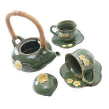 Load image into Gallery viewer, Ceramic Tea Set for Two with Bamboo Accent (5 Pcs) - Forest Frangipani | NOVICA
