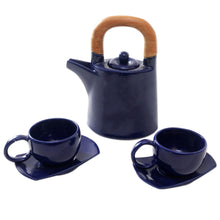 Load image into Gallery viewer, Blue Ceramic and Teak Wood Tea Set for Two (5 Pcs) - American Blue | NOVICA
