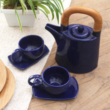 Load image into Gallery viewer, Blue Ceramic and Teak Wood Tea Set for Two (5 Pcs) - American Blue | NOVICA
