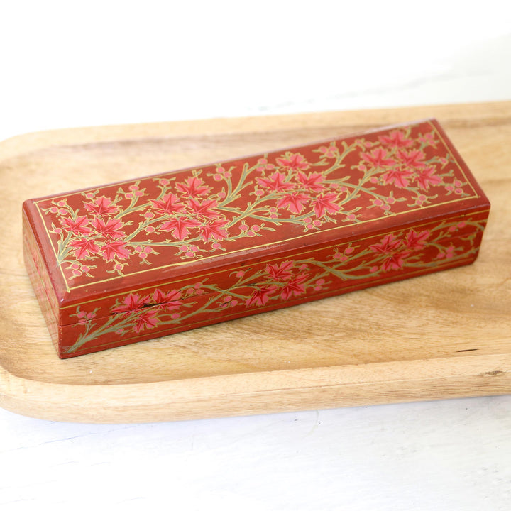 Decorative Papier Mache Box with Leaf Motif - Chinar Pride in Red | NOVICA