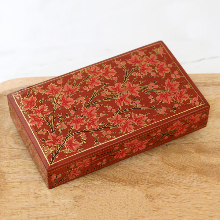 Hand-Painted Decorative Papier Mache Box from India - Festive Trees in Red | NOVICA