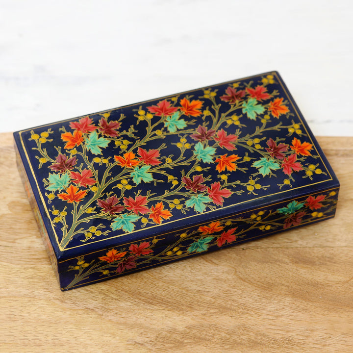 Hand-Painted Papier Mache Box with Tree Motif - Festive Trees in Blue | NOVICA