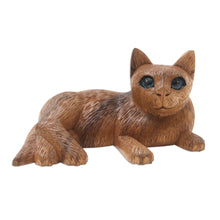 Load image into Gallery viewer, Balinese Suar Wood Cat Statuette - Wide-Eyed Cat | NOVICA

