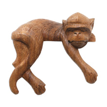 Load image into Gallery viewer, Artisan Crafted Suar Wood Monkey Statuette - Wild Nap | NOVICA
