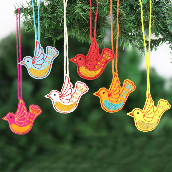 Embroidered Wool Bird-Motif Holiday Ornaments (Set of 6) - Peace Messenger | NOVICA