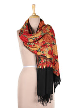 Load image into Gallery viewer, Black Wool Shawl with Chain Stitch Embroidered Flowers - Kashmir Midnight | NOVICA
