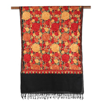 Load image into Gallery viewer, Black Wool Shawl with Chain Stitch Embroidered Flowers - Kashmir Midnight | NOVICA
