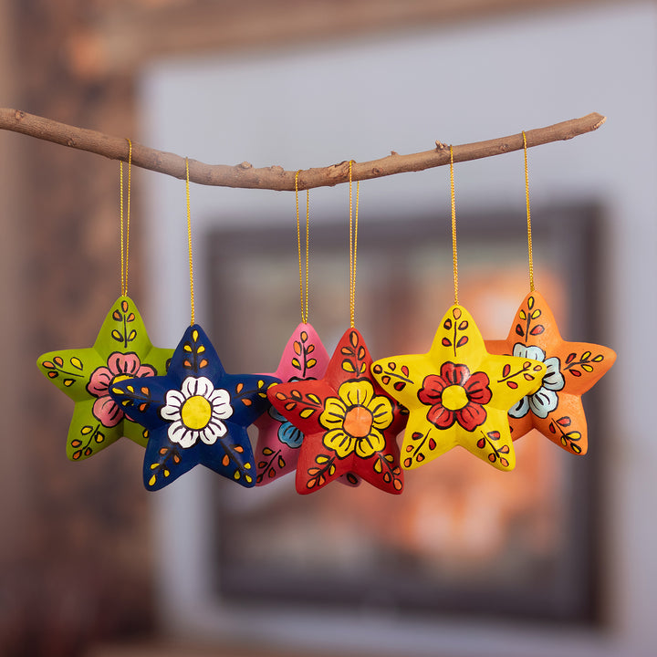 Ceramic Star Ornaments With Hand-Painted Flowers (Set of 6) - Ayacucho Flowered Stars | NOVICA