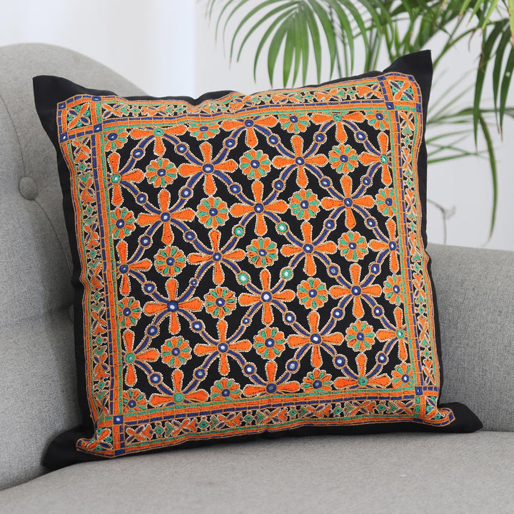Embroidered Cotton Cushion Cover with Floral Motif - Palace Maze | NOVICA
