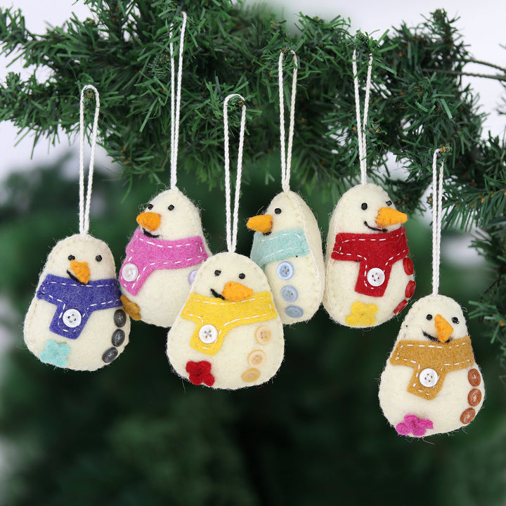 Handcrafted Snowman Ornaments from India (Set of 6) - Snowman Party | NOVICA