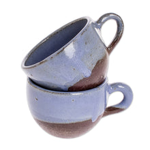 Load image into Gallery viewer, Blue and Brown Ceramic Coffee Cups from Honduras (Pair) - Sea Blue Morning | NOVICA
