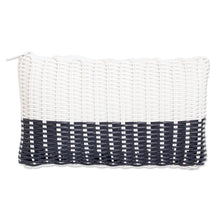 Load image into Gallery viewer, White and Black Recycled Vinyl Cord Cosmetic Bag (Small) - Light over Darkness | NOVICA
