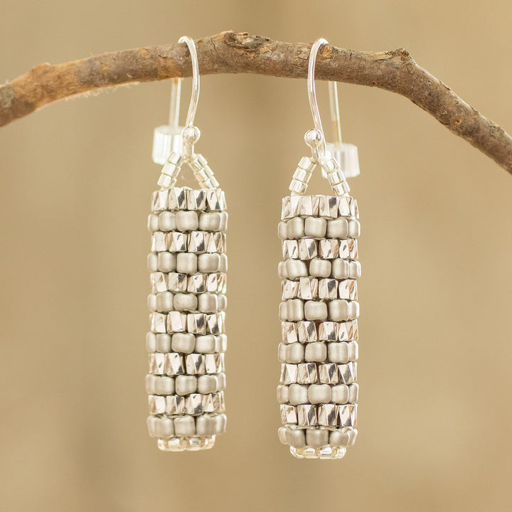 Miyuki Glass Bead Basket Like Dangle Earrings in Silver Tone - Silvery Pillars | NOVICA
