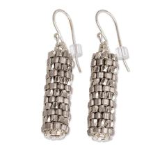 Load image into Gallery viewer, Miyuki Glass Bead Basket Like Dangle Earrings in Silver Tone - Silvery Pillars | NOVICA
