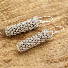 Load image into Gallery viewer, Miyuki Glass Bead Basket Like Dangle Earrings in Silver Tone - Silvery Pillars | NOVICA
