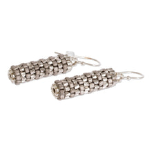 Load image into Gallery viewer, Miyuki Glass Bead Basket Like Dangle Earrings in Silver Tone - Silvery Pillars | NOVICA
