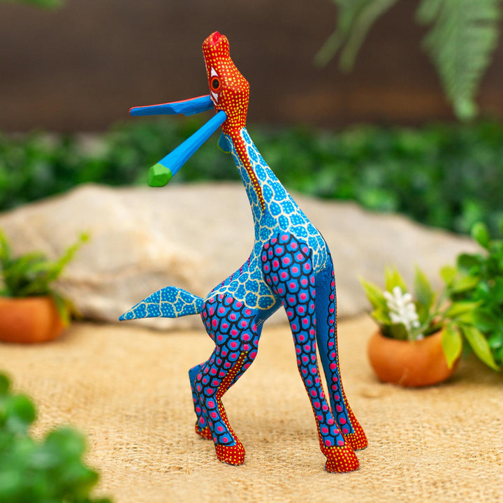 Wood Giraffe Alebrije Hand Painted in Blue and Ochre - Stargazing Giraffe in Blue | NOVICA