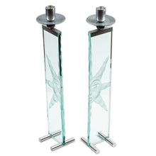 Load image into Gallery viewer, Sun Theme Etched Glass &amp; Aluminum Candleholders  (Set of 2) - Mirror Suns | NOVICA
