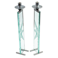 Load image into Gallery viewer, Sun Theme Etched Glass &amp; Aluminum Candleholders  (Set of 2) - Mirror Suns | NOVICA
