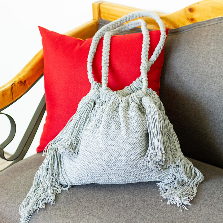 Macrame Cotton Shoulder Bag in Light Grey - Terra Fria in Ash | NOVICA