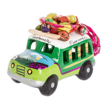 Load image into Gallery viewer, Two Tone Green Ceramic Bus Figurine from Guatemala - Green Old Time Bus | NOVICA
