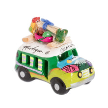 Load image into Gallery viewer, Min Ceramic Bus Figurine in Greens from Guatemala - Two Tone Green Old Time Bus | NOVICA
