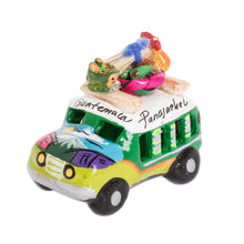 Load image into Gallery viewer, Min Ceramic Bus Figurine in Greens from Guatemala - Two Tone Green Old Time Bus | NOVICA
