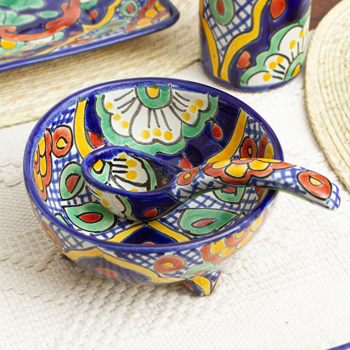 Handmade Ceramic Bowl and Spoon Set - Hidalgo Fiesta | NOVICA