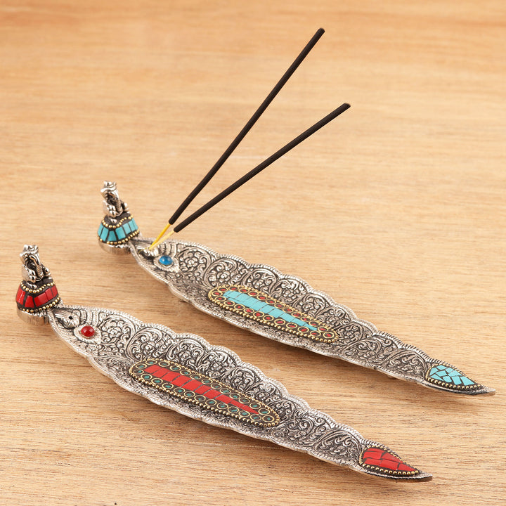 Aluminum Incense Holders with Resin Tiles (Pair) - Ganesha's Glory | NOVICA