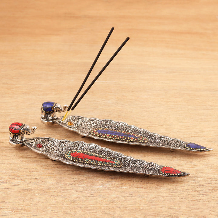 Elephant-Themed Aluminum Incense Holders (Pair) - Brilliant Elephant | NOVICA