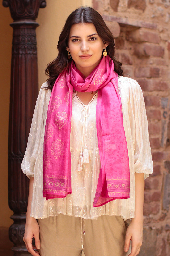 Block-Printed Cotton Blend Shawl from India - Ruby Sea | NOVICA