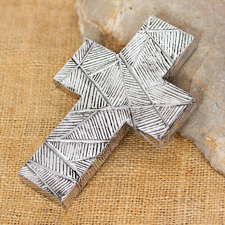 Wall Cross in Oxidized Crosshatched Aluminum Repousse - Mexican Belief | NOVICA
