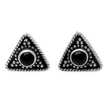 Load image into Gallery viewer, Triangular Onyx Button Earring from Bali - Dark Triangle | NOVICA
