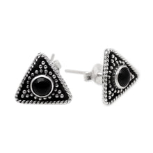 Load image into Gallery viewer, Triangular Onyx Button Earring from Bali - Dark Triangle | NOVICA
