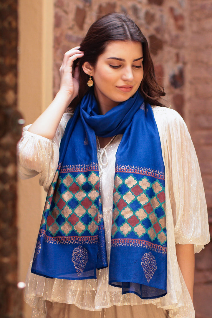 Hand-Woven Chanderi Cotton Blend Shawl - Ancient Poetry | NOVICA