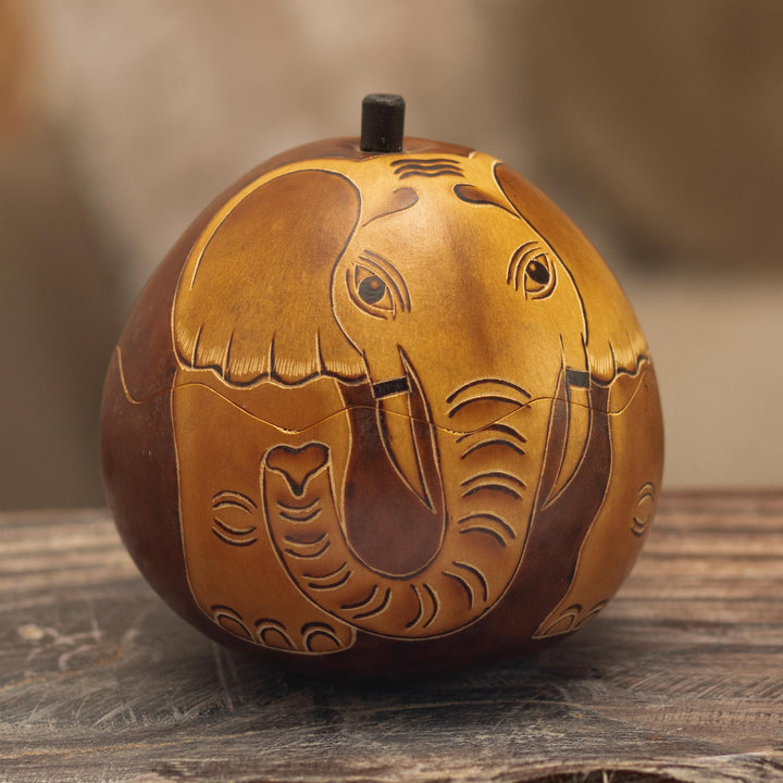 Dried Gourd with Burned Image of an Elephant from Peru - Earth Tone Elephant | NOVICA