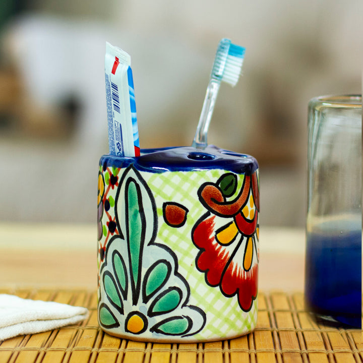 Green Dominant Talavera Style Toothbrush Holder from Mexico - Hidalgo Bouquet | NOVICA