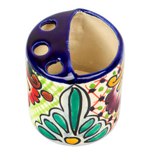 Load image into Gallery viewer, Green Dominant Talavera Style Toothbrush Holder from Mexico - Hidalgo Bouquet | NOVICA
