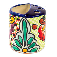 Load image into Gallery viewer, Green Dominant Talavera Style Toothbrush Holder from Mexico - Hidalgo Bouquet | NOVICA
