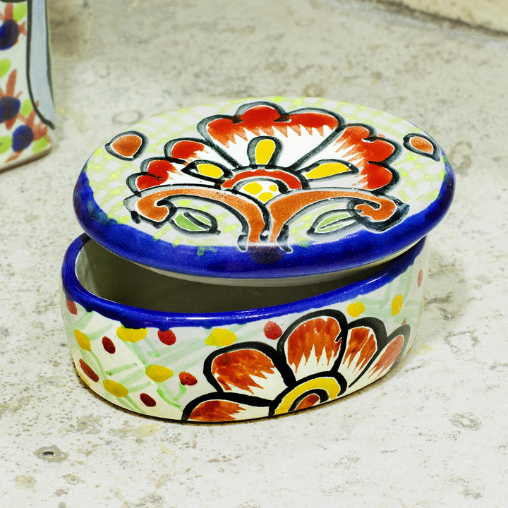 Cotton Swab Jar in Talavera-Style Ceramic - Talavera Flowers | NOVICA