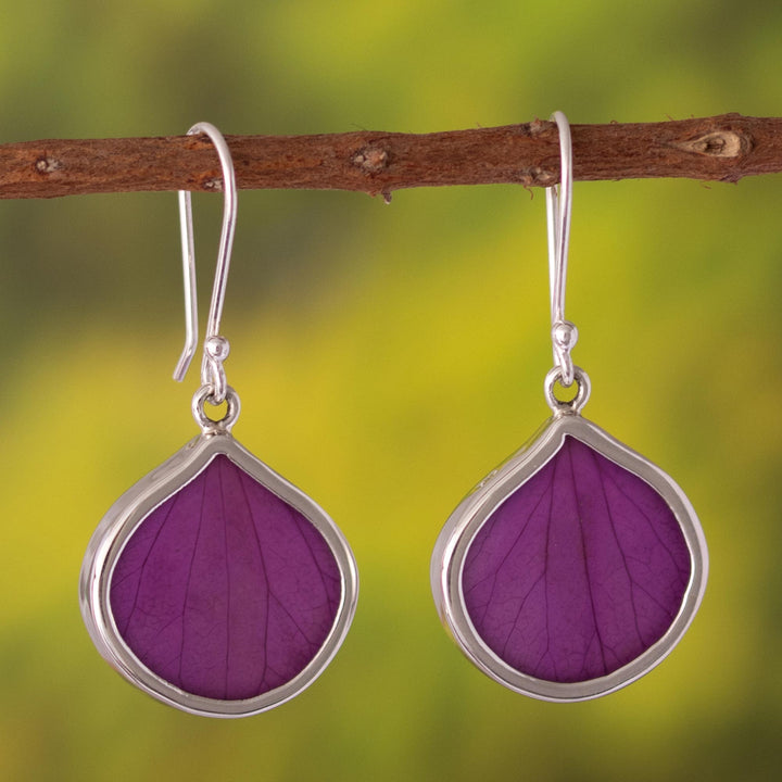 Sterling Silver and Purple Leaf Dangle Earrings from Peru - Plum Hydrangea | NOVICA