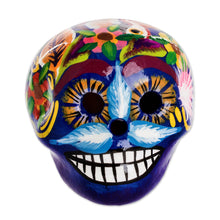 Load image into Gallery viewer, Blue Handcrafted Ceramic Figurine - Skull with Macaws in Blue | NOVICA
