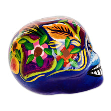Load image into Gallery viewer, Blue Handcrafted Ceramic Figurine - Skull with Macaws in Blue | NOVICA
