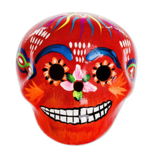 Load image into Gallery viewer, Multicolored Ceramic Figurine - Flowery Skull in Red | NOVICA
