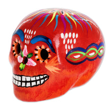 Load image into Gallery viewer, Multicolored Ceramic Figurine - Flowery Skull in Red | NOVICA
